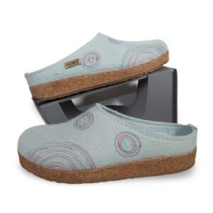 Haflinger Grizzly Womens 7 EU 38 Blue Wool Felt Cork Clogs Embroidered